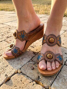 L'Artiste By Spring Step Sesame Wedge Tooled Hand Painted Leather Sandals